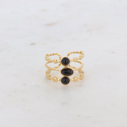 Bague 3 rangs avec petits ronds et pierres naturelles - Onyx noire
