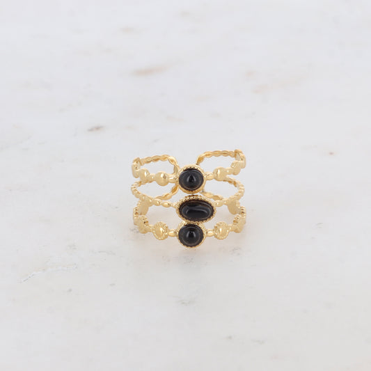 Bague 3 rangs avec petits ronds et pierres naturelles - Onyx noire