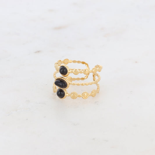Bague 3 rangs avec petits ronds et pierres naturelles - Onyx noire
