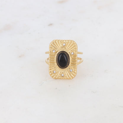 Bague rectangle réglable avec pierre naturelle et strass - Onyx