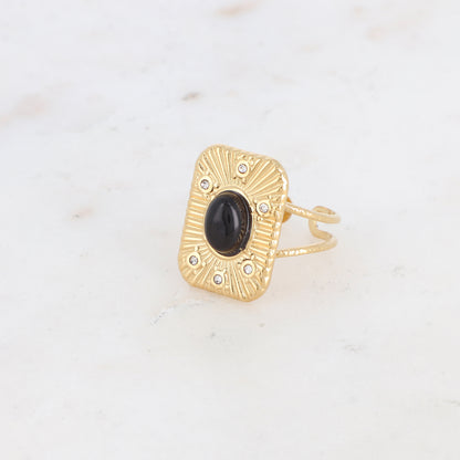 Bague rectangle réglable avec pierre naturelle et strass - Onyx