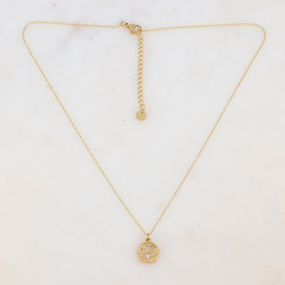 Collier avec pendentif rond texturé, motif œil, strass (40+5CM)