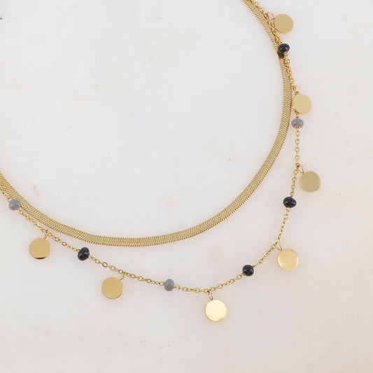 Collier 2 rangs avec maille miroir, pampilles rondes, perles émaillées (39/41+7CM)