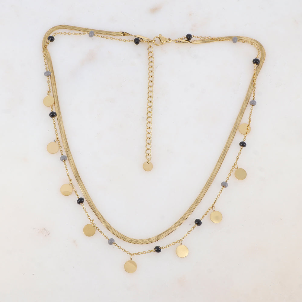 Collier 2 rangs avec maille miroir, pampilles rondes, perles émaillées (39/41+7CM)