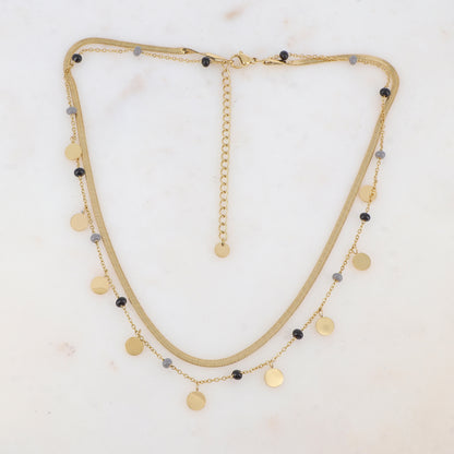Collier 2 rangs avec maille miroir, pampilles rondes, perles émaillées (39/41+7CM)