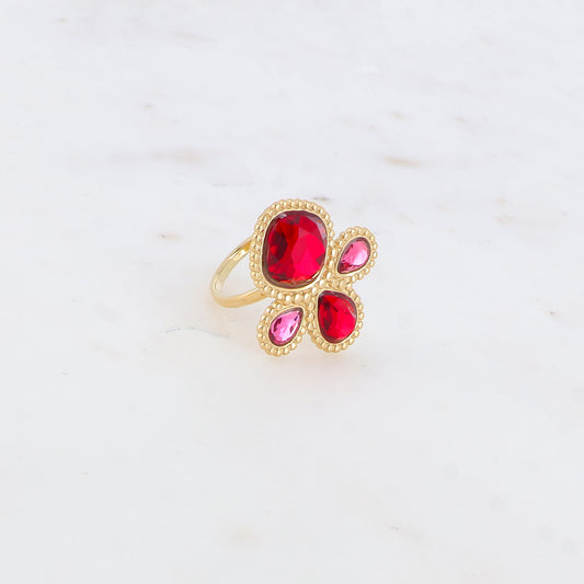 Bague fine réglable avec 4 pâtes de verres - Rouge