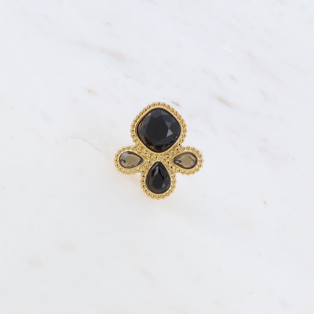Bague fine réglable avec 4 pâtes de verres - Noir