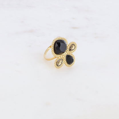 Bague fine réglable avec 4 pâtes de verres - Noir