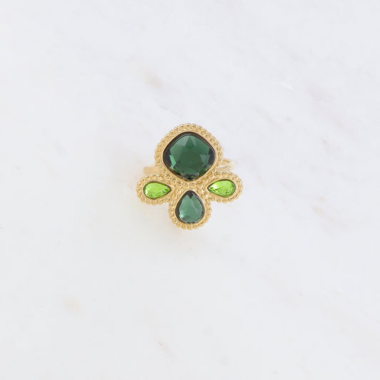 Bague fine réglable avec 4 pâtes de verres - Vert