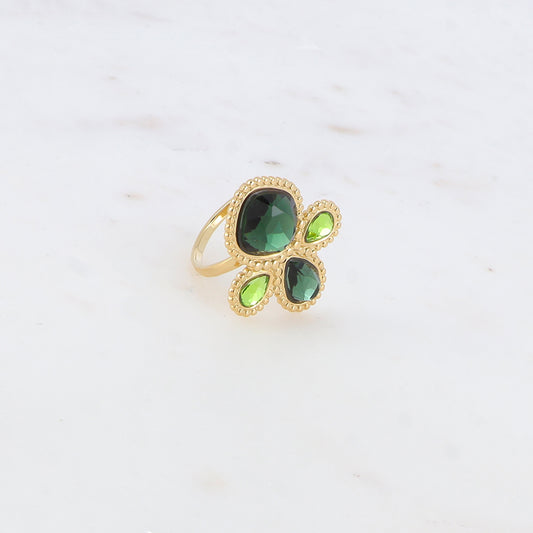Bague fine réglable avec 4 pâtes de verres - Vert