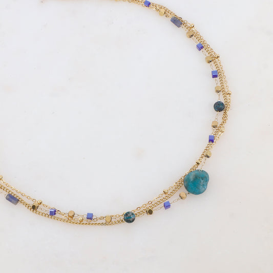 Collier 3 rangs avec pâtes de verre et pierres naturelles agate verte (40+5CM)