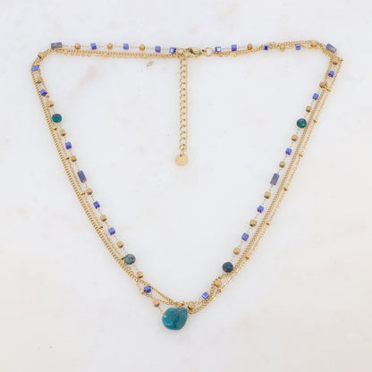 Collier 3 rangs avec pâtes de verre et pierres naturelles agate verte (40+5CM)