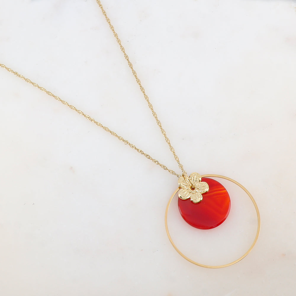 Collier avec anneau, fleur et pierre naturelle ronde (50+7CM)