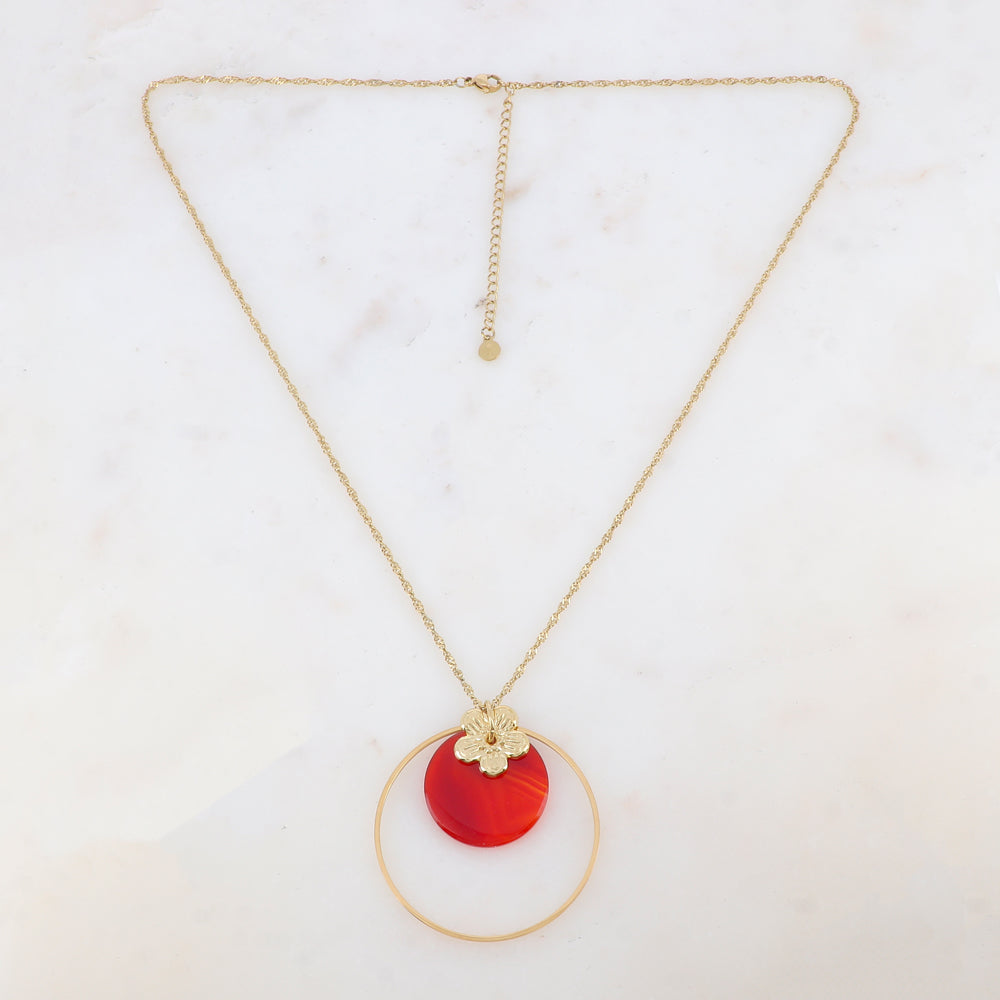 Collier avec anneau, fleur et pierre naturelle ronde (50+7CM)
