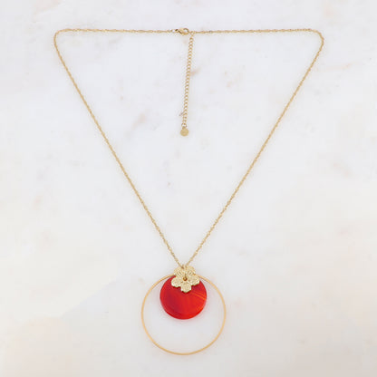 Collier avec anneau, fleur et pierre naturelle ronde (50+7CM)