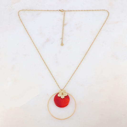 Collier avec anneau, fleur et pierre naturelle ronde (50+7CM)