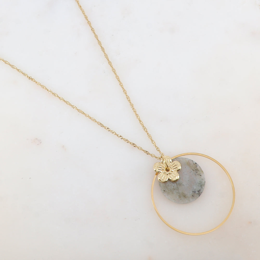 Collier avec anneau, fleur et pierre naturelle ronde (50+7CM)