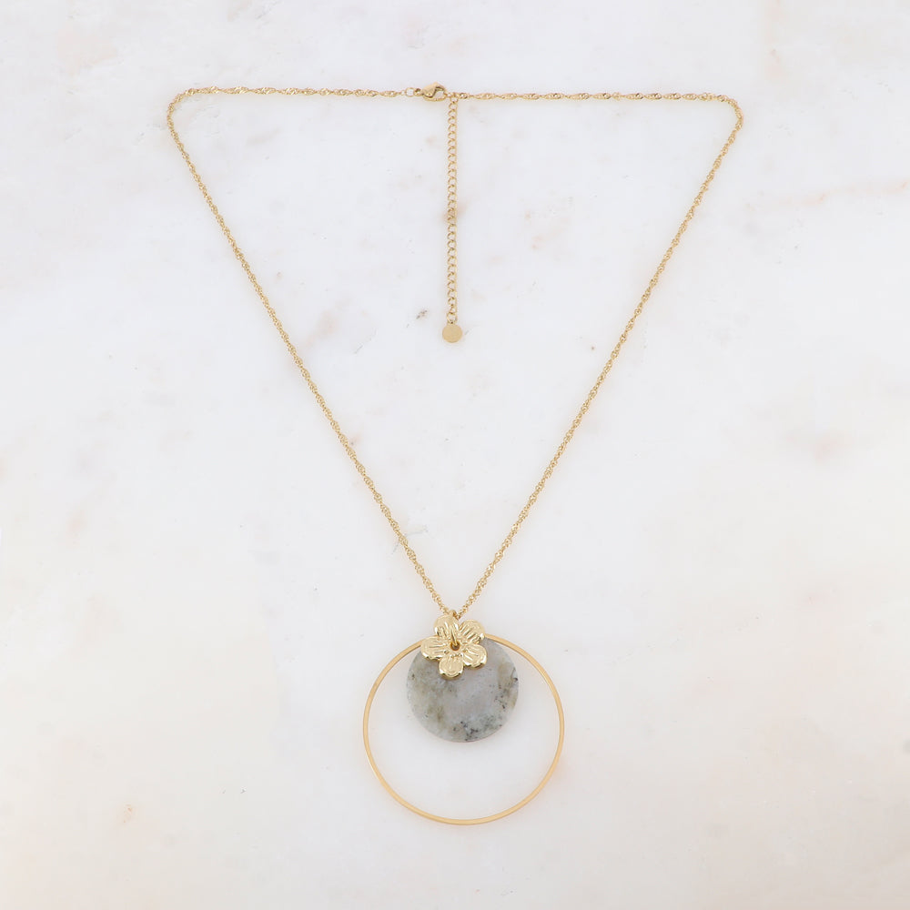 Collier avec anneau, fleur et pierre naturelle ronde (50+7CM)