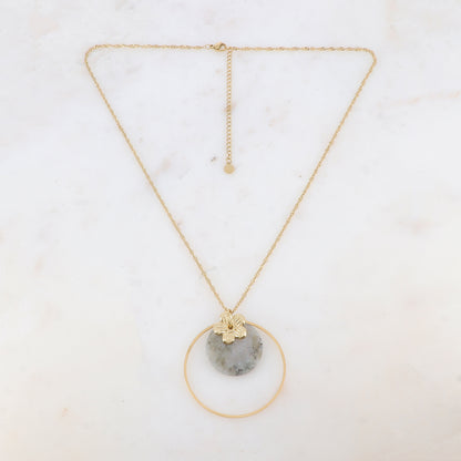 Collier avec anneau, fleur et pierre naturelle ronde (50+7CM)