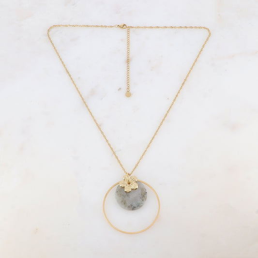 Collier avec anneau, fleur et pierre naturelle ronde (50+7CM)
