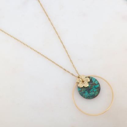 Collier avec anneau, fleur et pierre naturelle ronde (50+7CM)