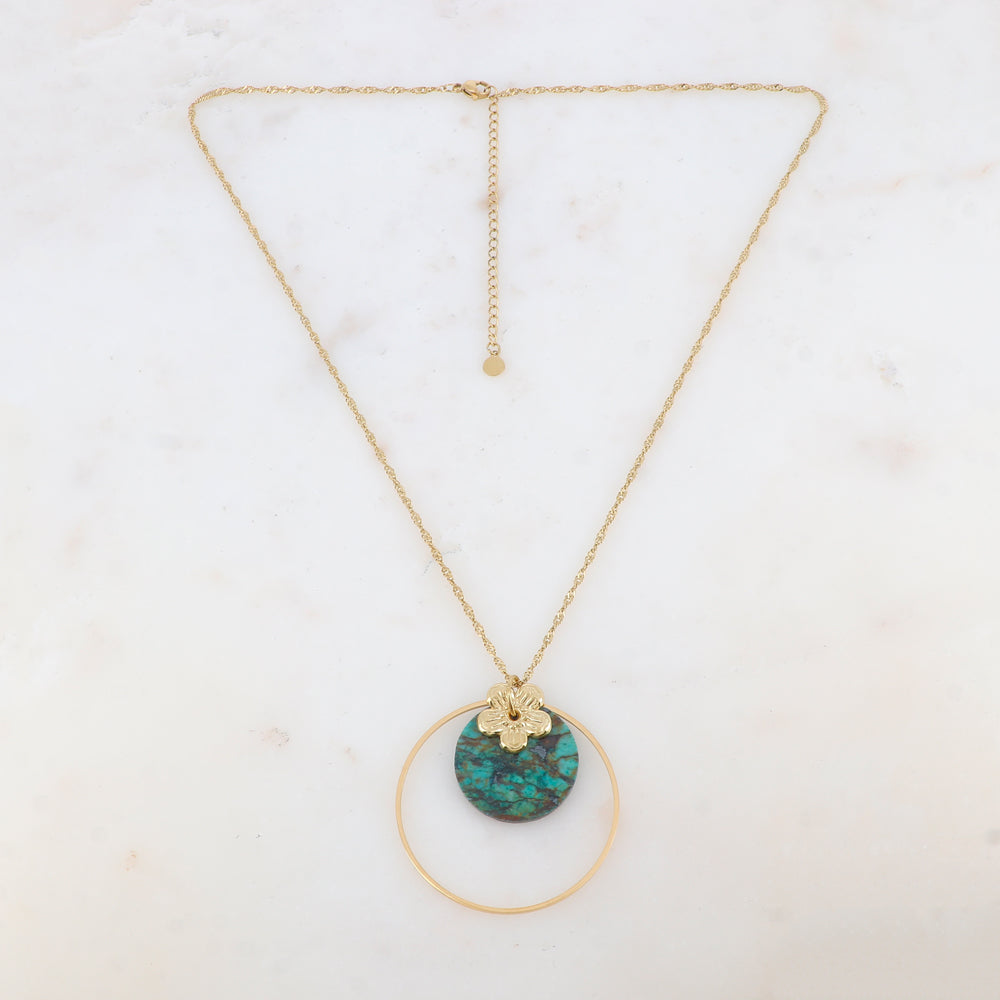 Collier avec anneau, fleur et pierre naturelle ronde (50+7CM)