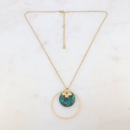 Collier avec anneau, fleur et pierre naturelle ronde (50+7CM)