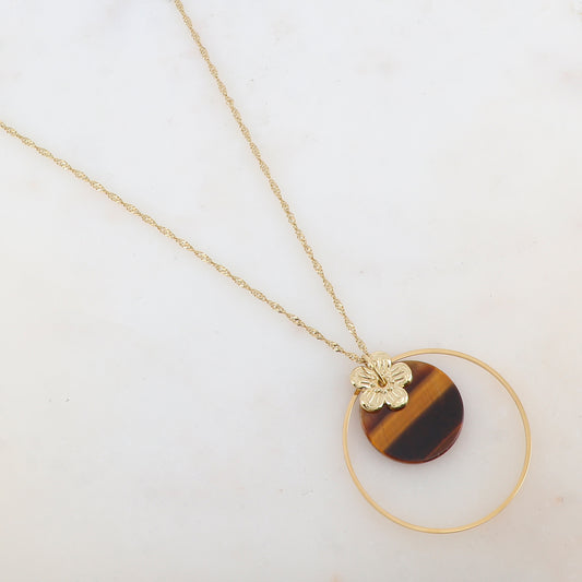Collier avec anneau, fleur et pierre naturelle ronde (50+7CM)