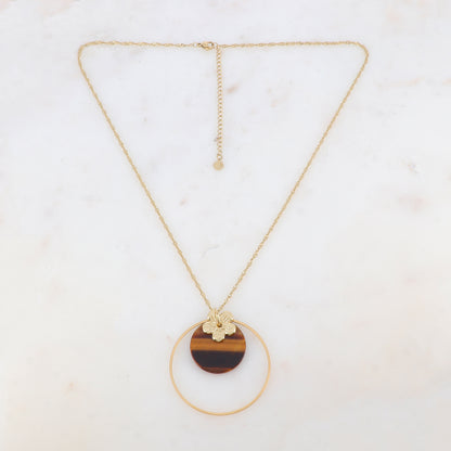 Collier avec anneau, fleur et pierre naturelle ronde (50+7CM)