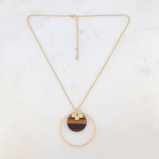 Collier avec anneau, fleur et pierre naturelle ronde (50+7CM)
