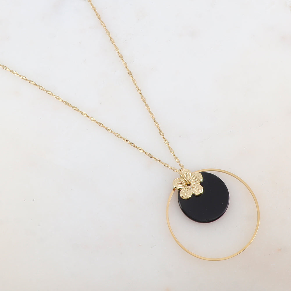 Collier avec anneau, fleur et pierre naturelle ronde (50+7CM)
