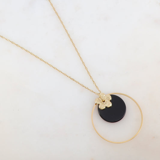Collier avec anneau, fleur et pierre naturelle ronde (50+7CM)