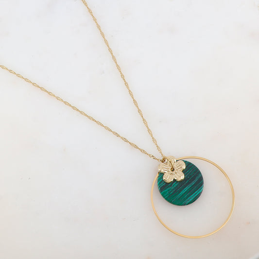 Collier avec anneau, fleur et pierre naturelle ronde (50+7CM)