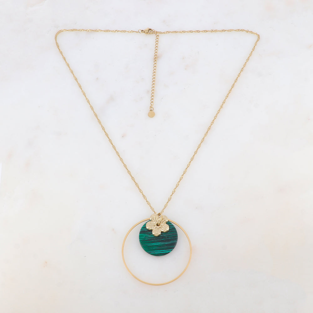Collier avec anneau, fleur et pierre naturelle ronde (50+7CM)