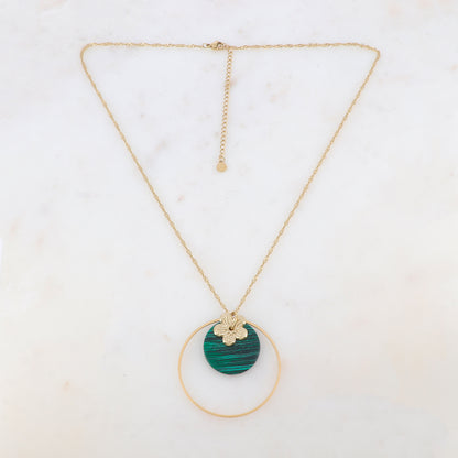 Collier avec anneau, fleur et pierre naturelle ronde (50+7CM)