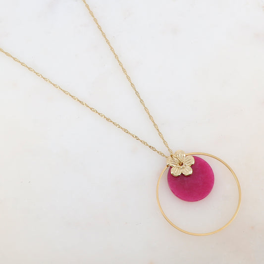 Collier avec anneau, fleur et pierre naturelle ronde (50+7CM)