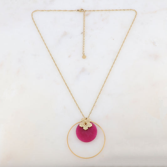 Collier avec anneau, fleur et pierre naturelle ronde (50+7CM)