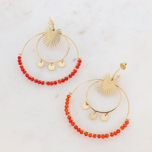 Boucles d'oreilles doubles cercles, demi-soleil, pampilles et pierres naturelles