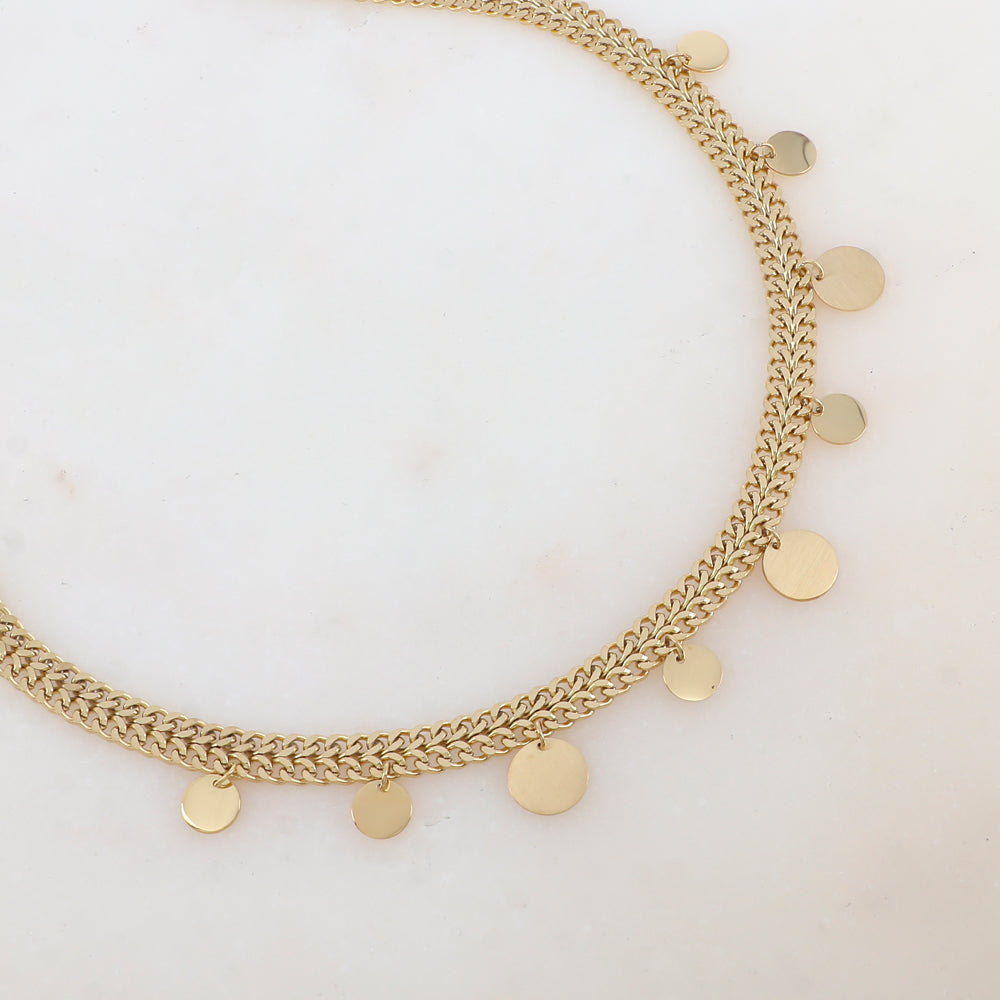 Collier doré chaîne plate, pastilles effet brossé/brillant 38+7 cm