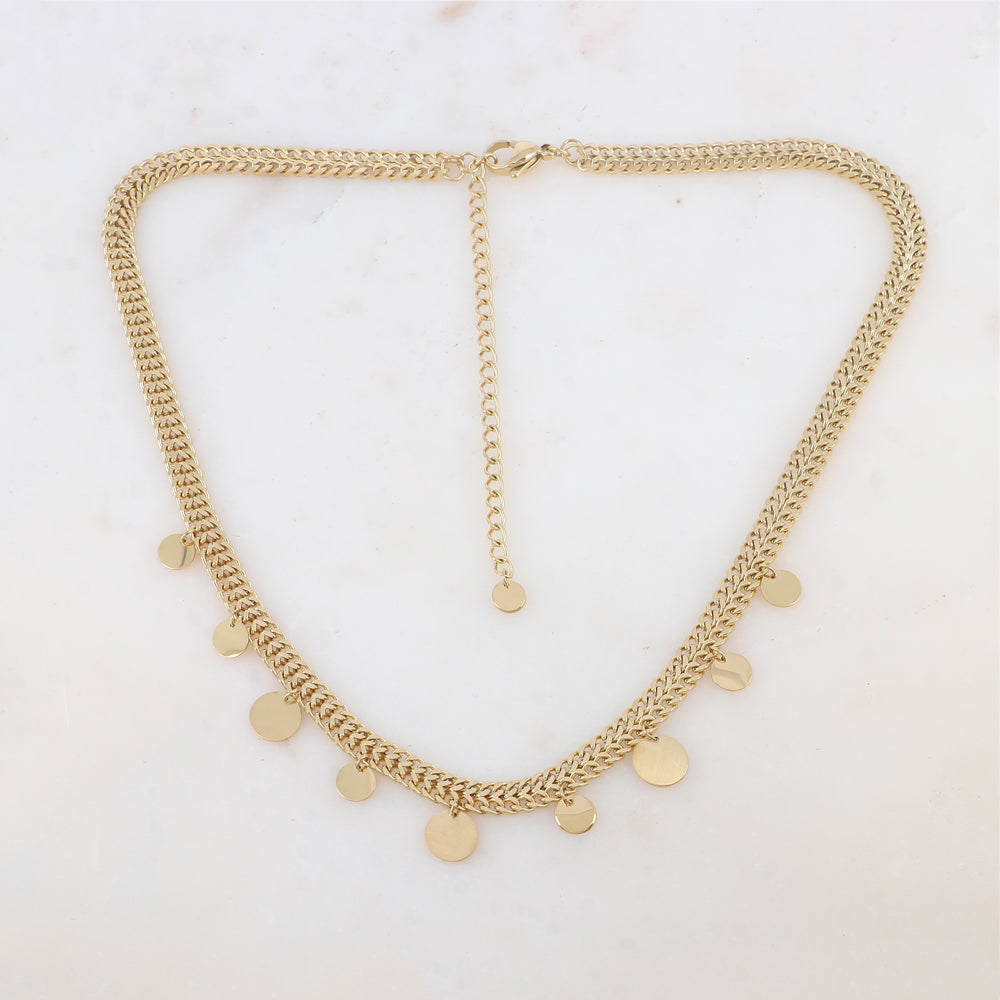 Collier doré chaîne plate, pastilles effet brossé/brillant 38+7 cm