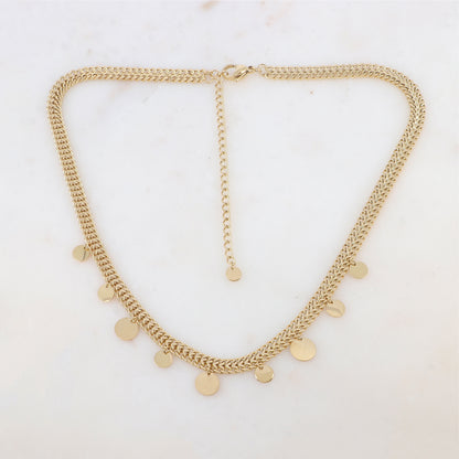 Collier doré chaîne plate, pastilles effet brossé/brillant 38+7 cm