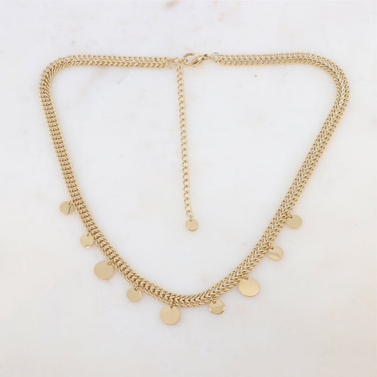 Collier doré chaîne plate, pastilles effet brossé/brillant 38+7 cm