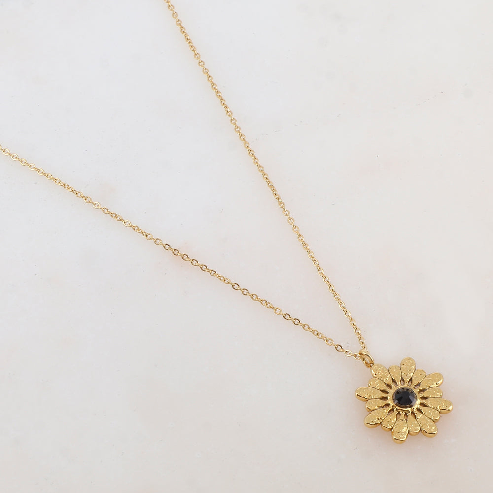 Collier doré avec fleur et strass noirs 38+7 cm