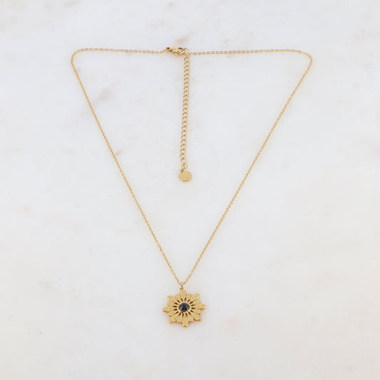 Collier doré avec fleur et strass noirs 38+7 cm