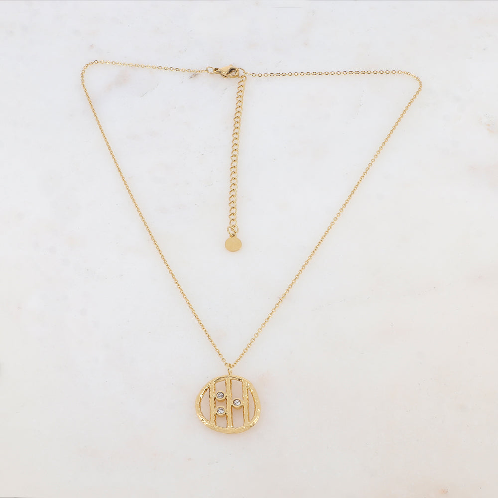 Collier doré avec pendentif rond et strass blancs 38+7 cm