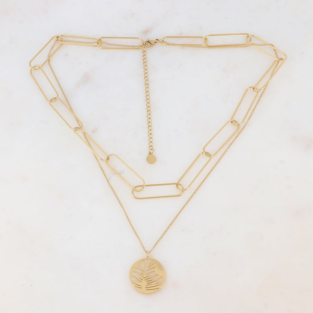 Collier deux rangs doré avec pastille martelée, ajourée façon feuille, bi-face 38/42+7 cm