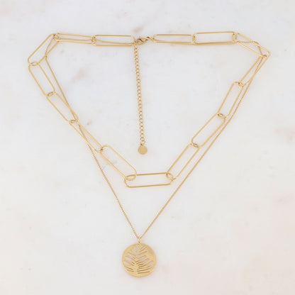 Collier deux rangs doré avec pastille martelée, ajourée façon feuille, bi-face 38/42+7 cm