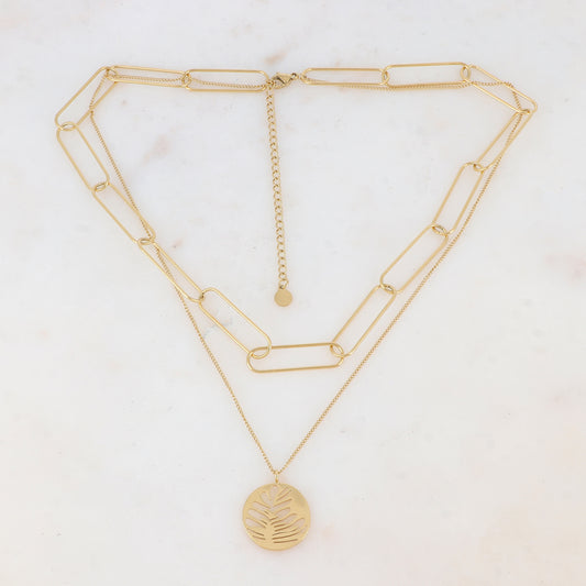 Collier deux rangs doré avec pastille martelée, ajourée façon feuille, bi-face 38/42+7 cm