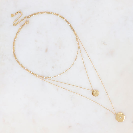 Collier 3 rangs avec boules en émail blanc, pampille martelée et pampille ornée d'une étoile et un strass blanc 38/44/54+7 cm