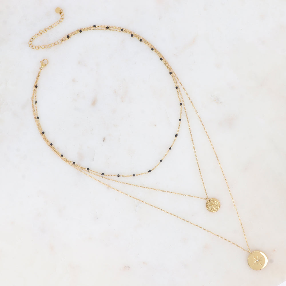 Collier 3 rangs avec boules en émail noir, pampille martelée et pampille ornée d'une étoile et un strass blanc 38/44/54+7 cm